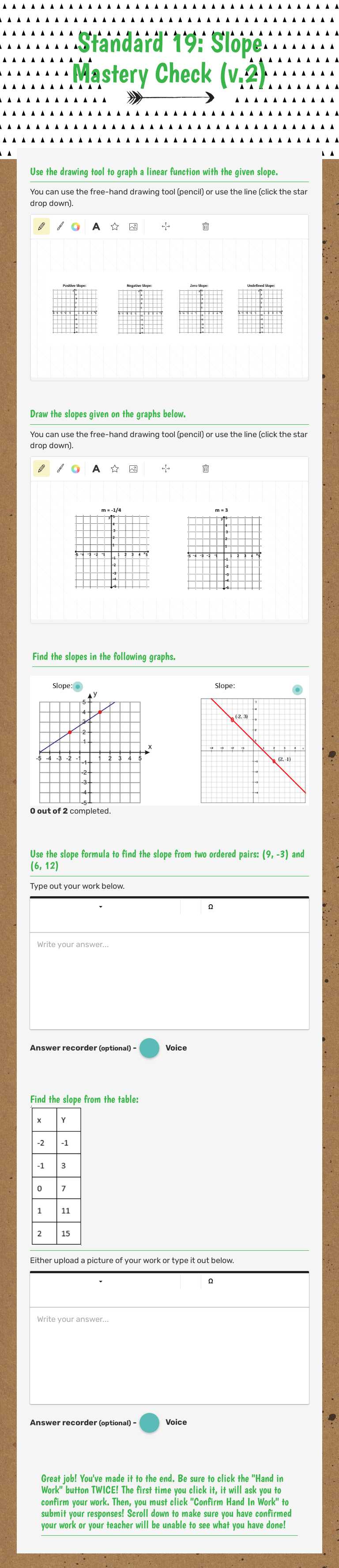 Standard 19:  Slope Mastery Check (v.2) worksheet preview image