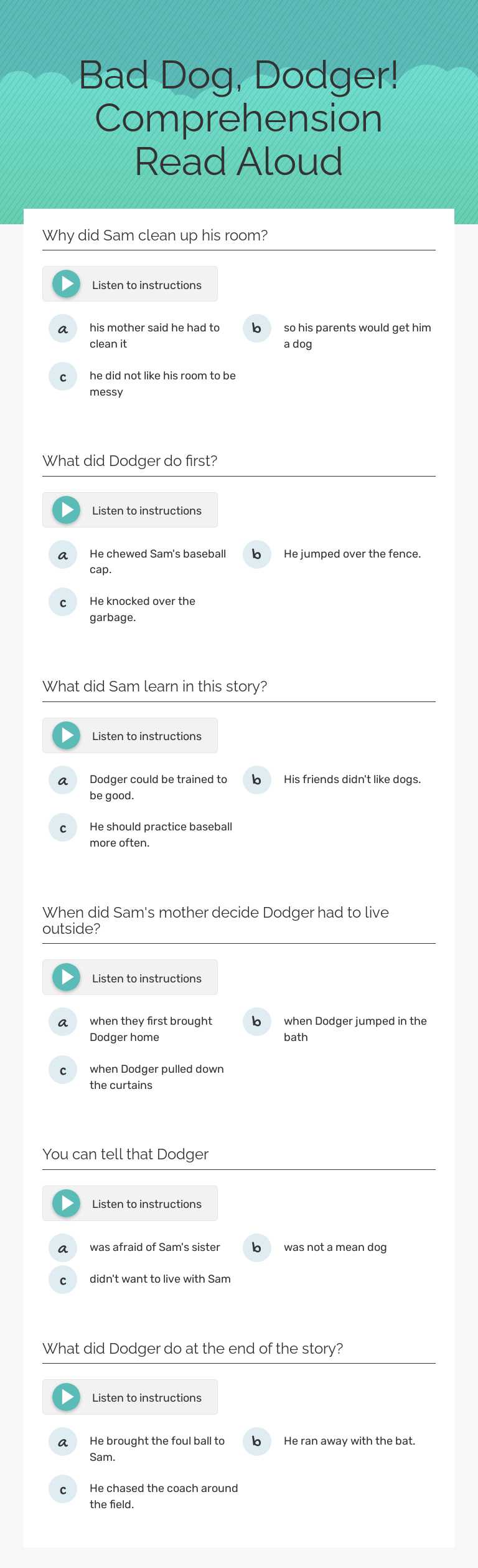 Bad Dog, Dodger! Comprehension Read Aloud worksheet preview