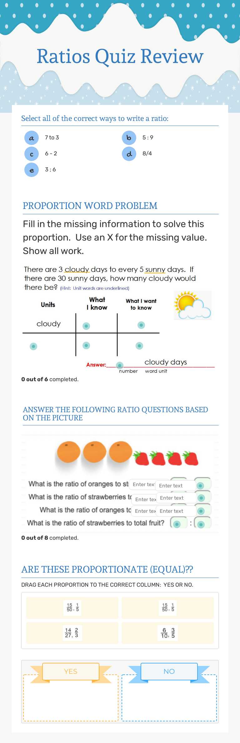 Ratios Quiz Review worksheet preview image