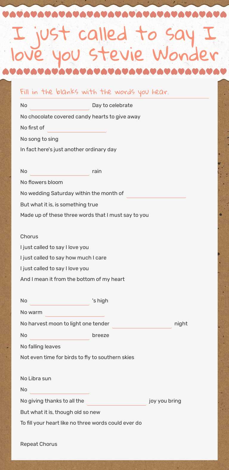 I just called to say I love you stevie Wonder worksheet preview image