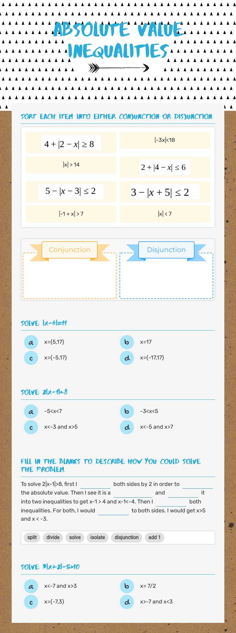 Absolute Value Inequalities Grade 10 worksheet preview