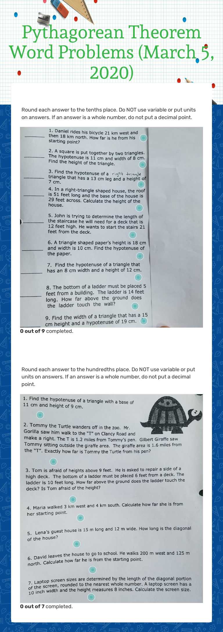 Pythagorean Theorem Word Problems  (March 5, 2020) Grade 10 worksheet preview