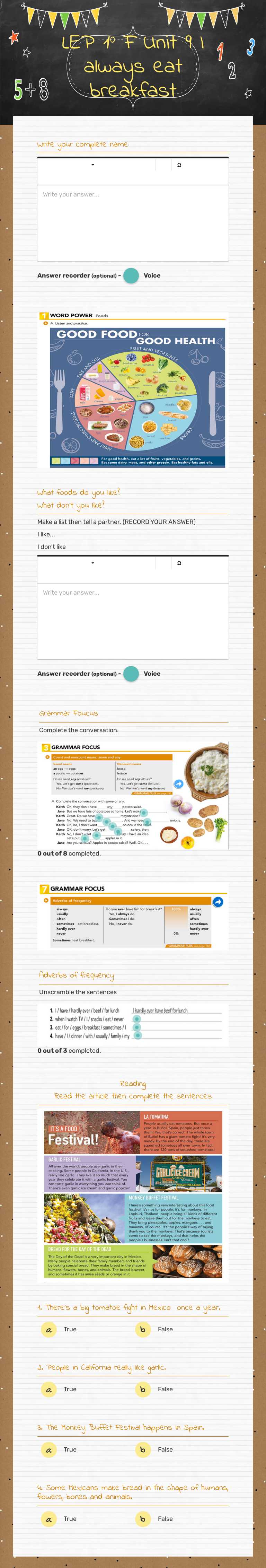 LEP 1º F Unit 9 I always eat breakfast worksheet preview image