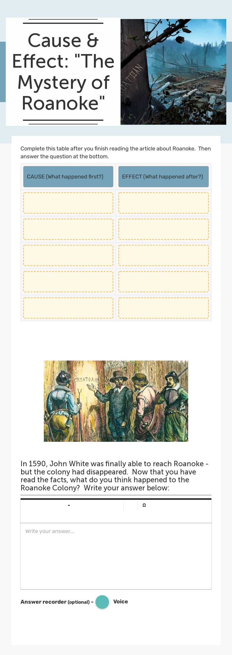Cause & Effect:
"The Mystery of Roanoke" Grade 5 worksheet preview