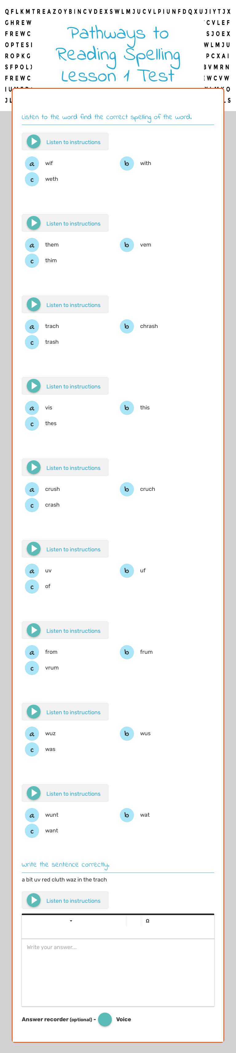 Pathways to Reading Spelling Lesson 1 Test worksheet preview image