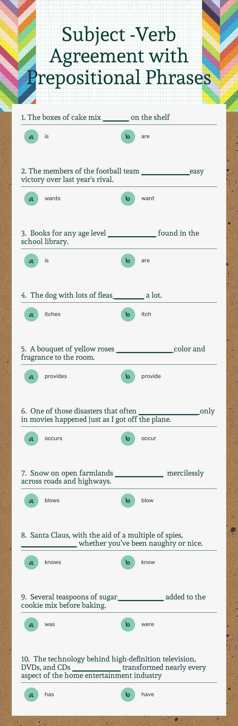 Subject -Verb Agreement with Prepositional Phrases worksheet preview image