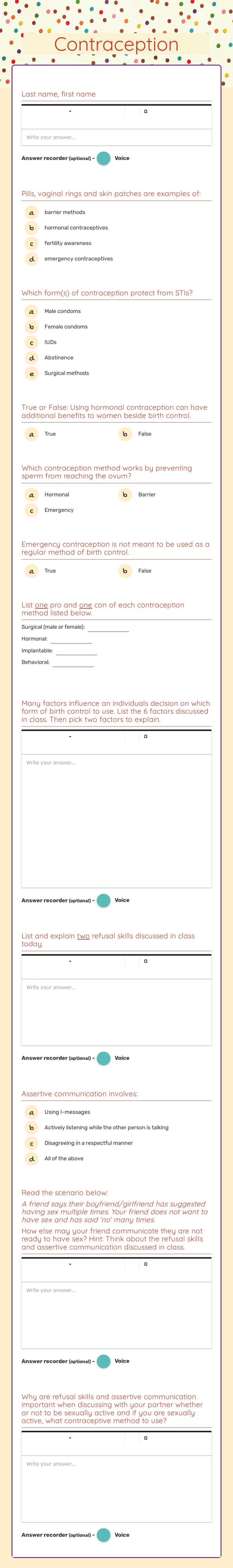 Contraception worksheet preview image