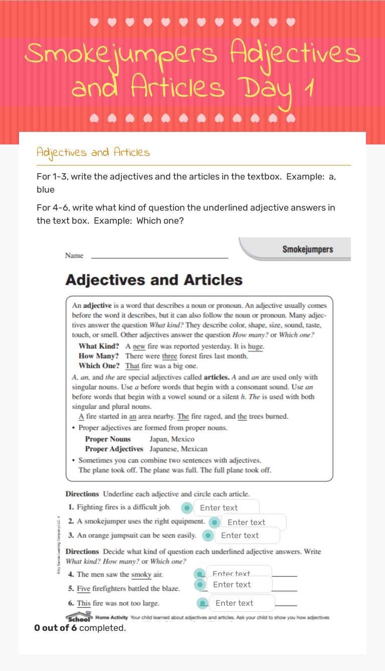 Smokejumpers Adjectives and Articles Day 1 worksheet preview image