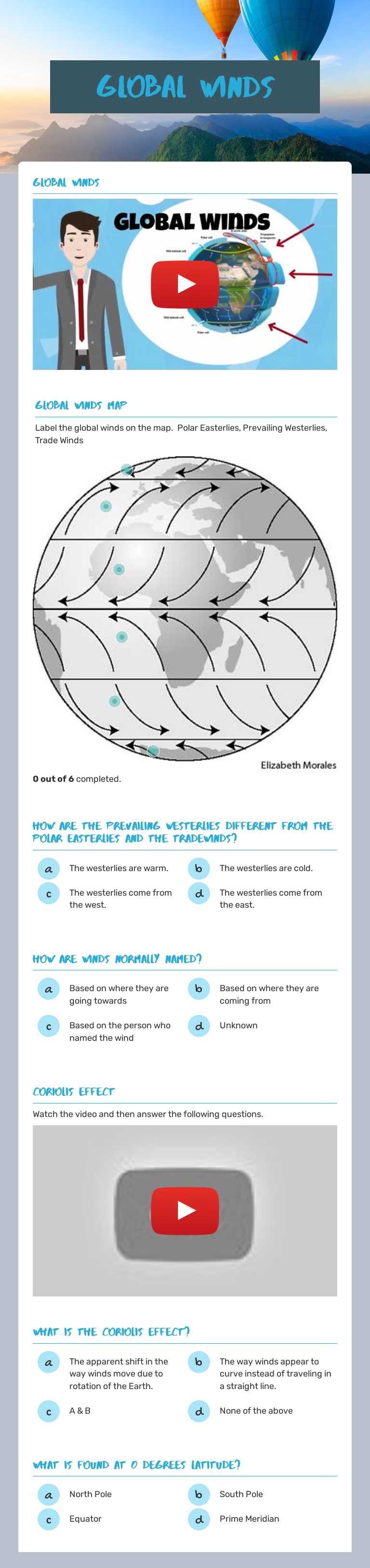 Global winds Grade 6 worksheet preview