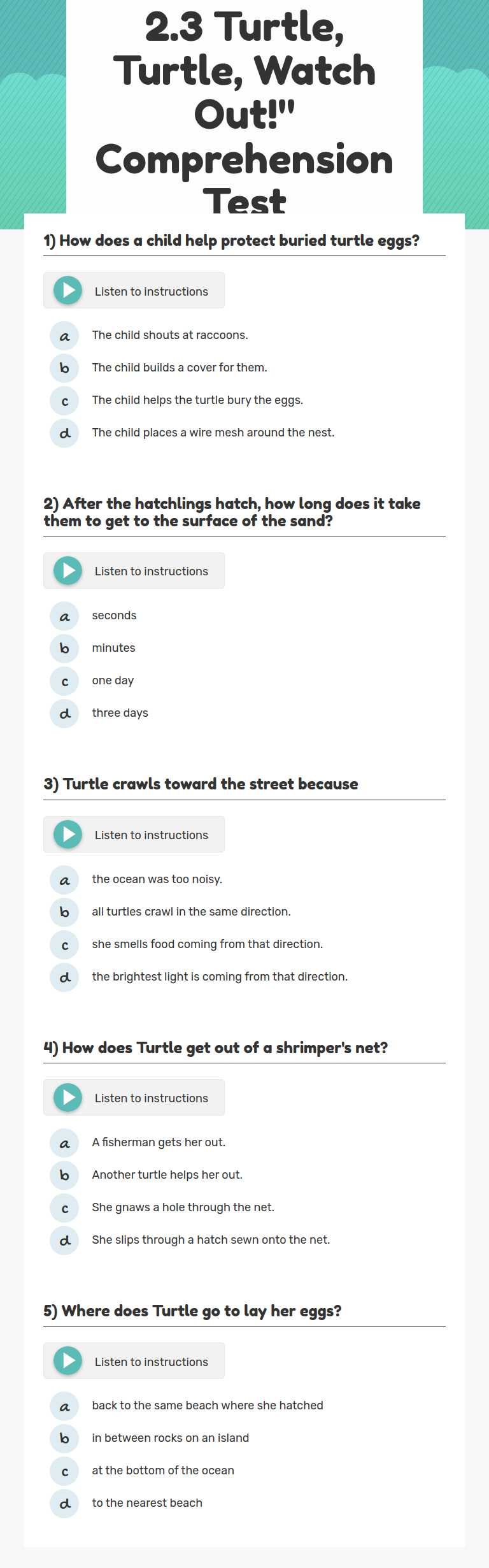 2.3 Turtle, Turtle, Watch Out!" Comprehension Test worksheet preview image