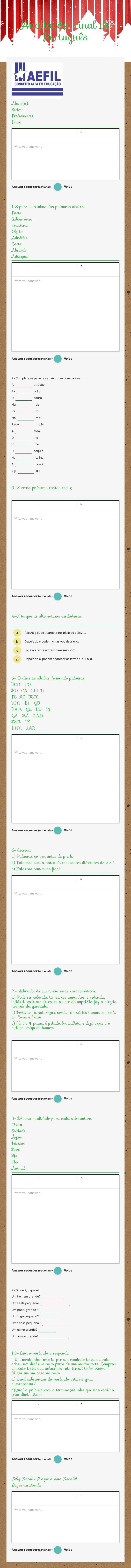 Avaliação Final de Português Grade 3 worksheet preview