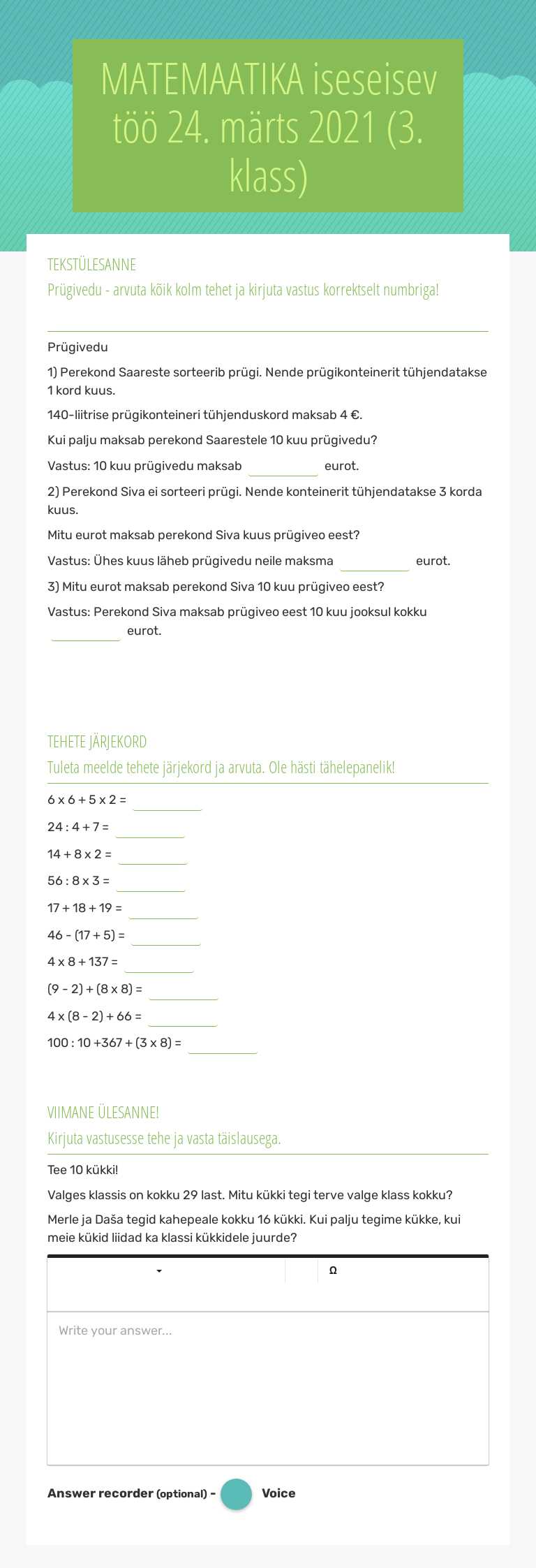MATEMAATIKA iseseisev töö           24. märts 2021 (3. klass) worksheet preview image