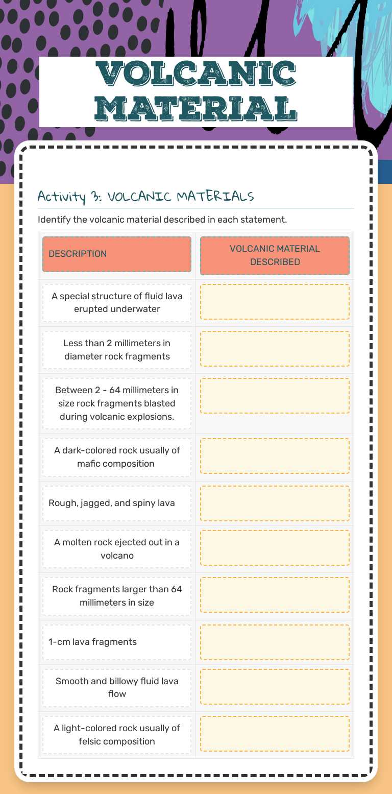 VOLCANIC MATERIAL worksheet preview