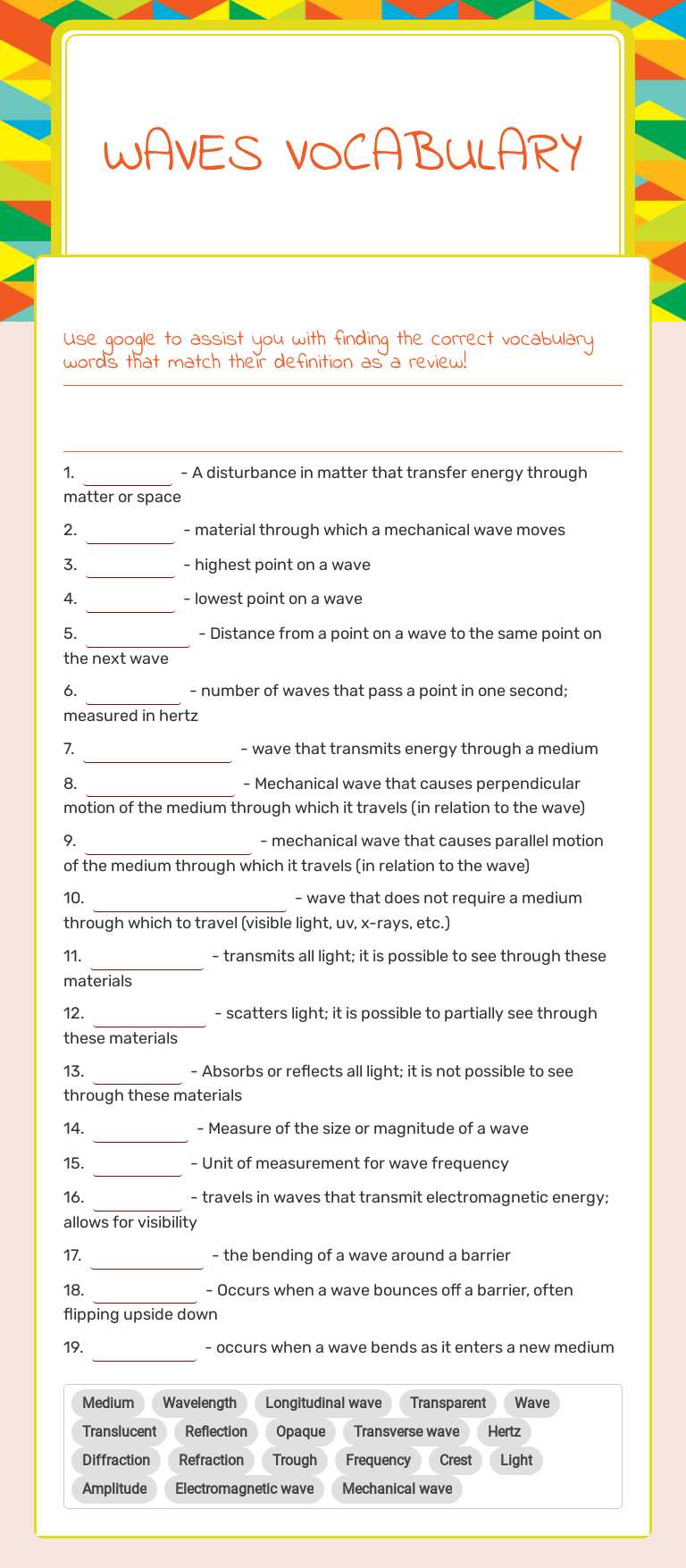 WAVES 
VOCABULARY worksheet preview image