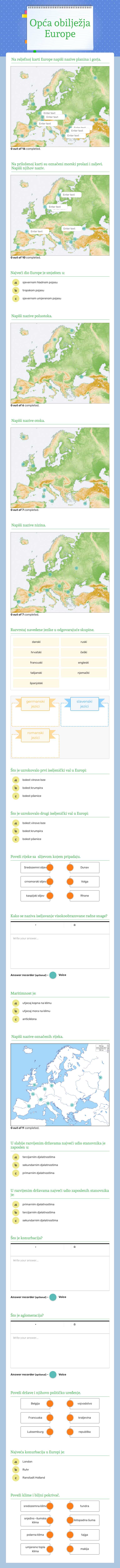 Opća obilježja Europe Grade 7 worksheet preview