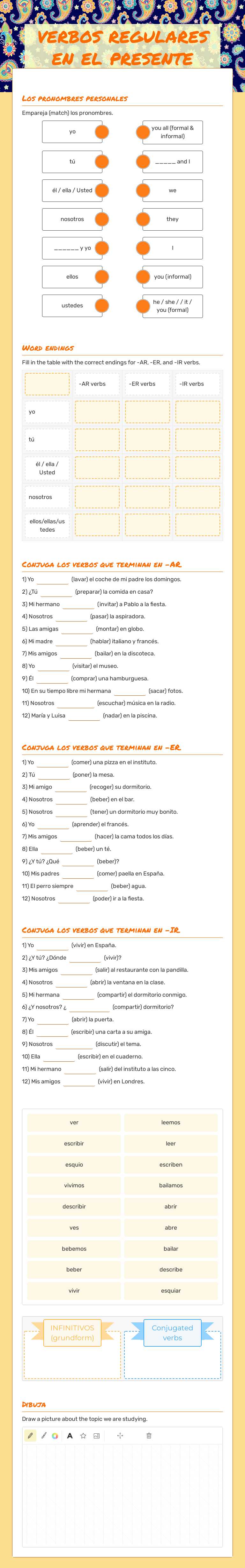 verbos regulares en el presente worksheet preview image