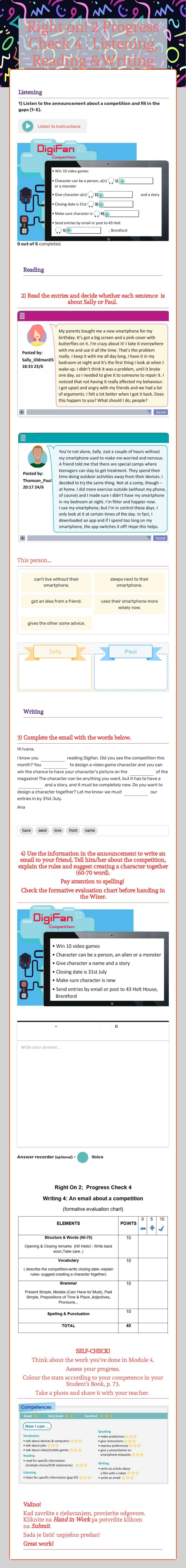 Right on! 2  
Progress Check 4 : Listening, Reading &Writing Grade 6 worksheet preview
