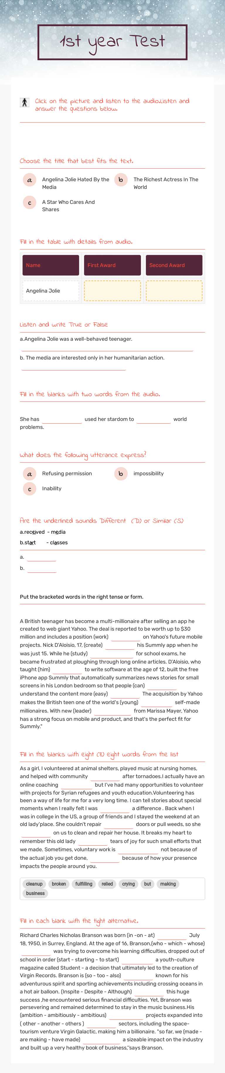 1st year Test worksheet preview image