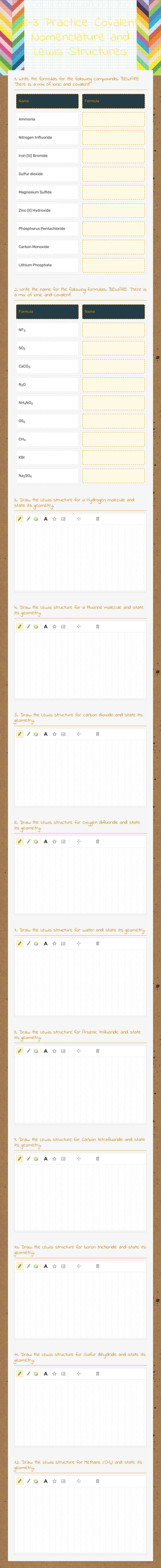 3-3 Practice: Covalent Nomenclature and Lewis Structures worksheet preview image