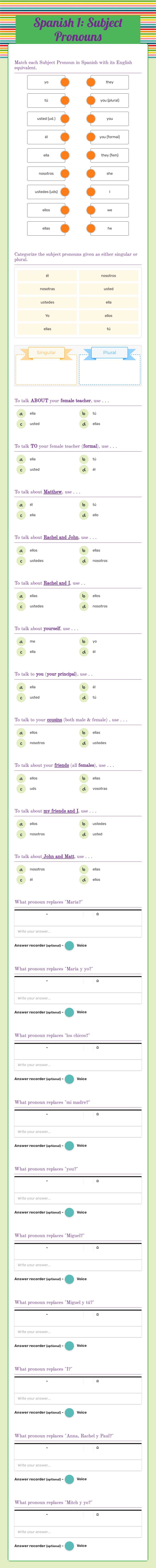 Spanish 1: Subject Pronouns worksheet preview image