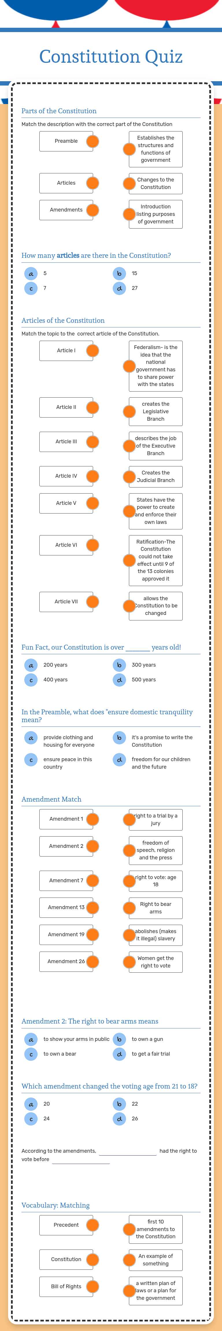 Constitution Quiz worksheet preview image
