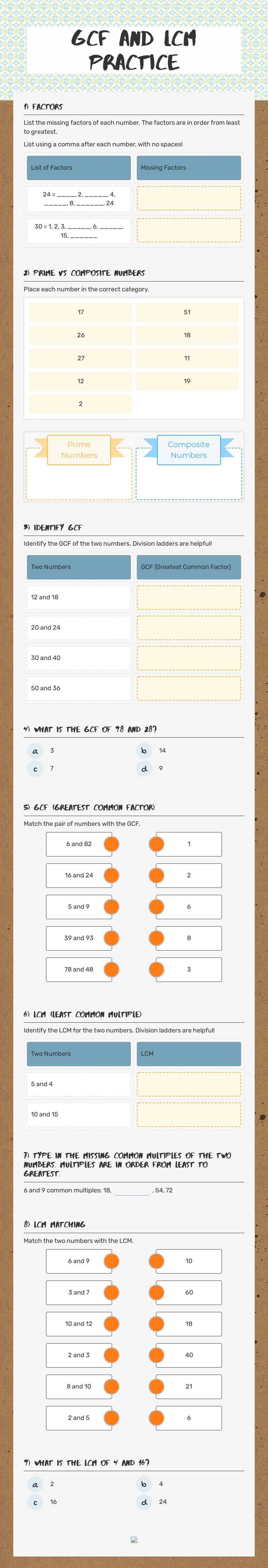GCF and LCM Practice Grade 5 worksheet preview