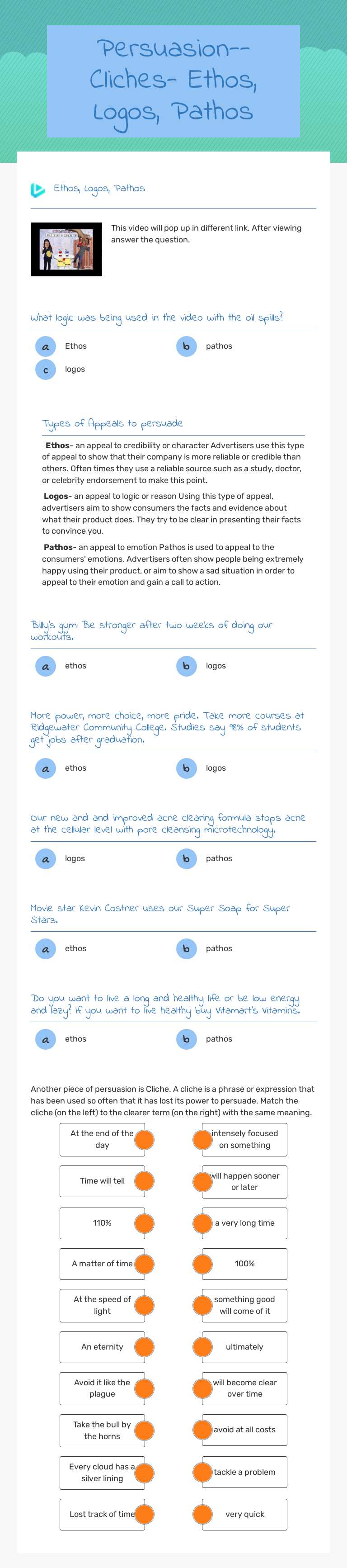Persuasion--Cliches- Ethos, Logos, Pathos worksheet preview image