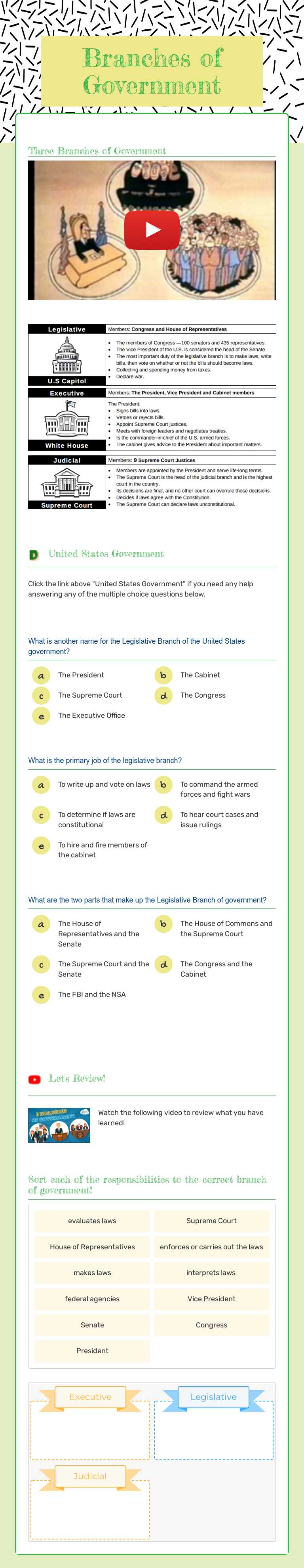 Branches of Government worksheet preview image