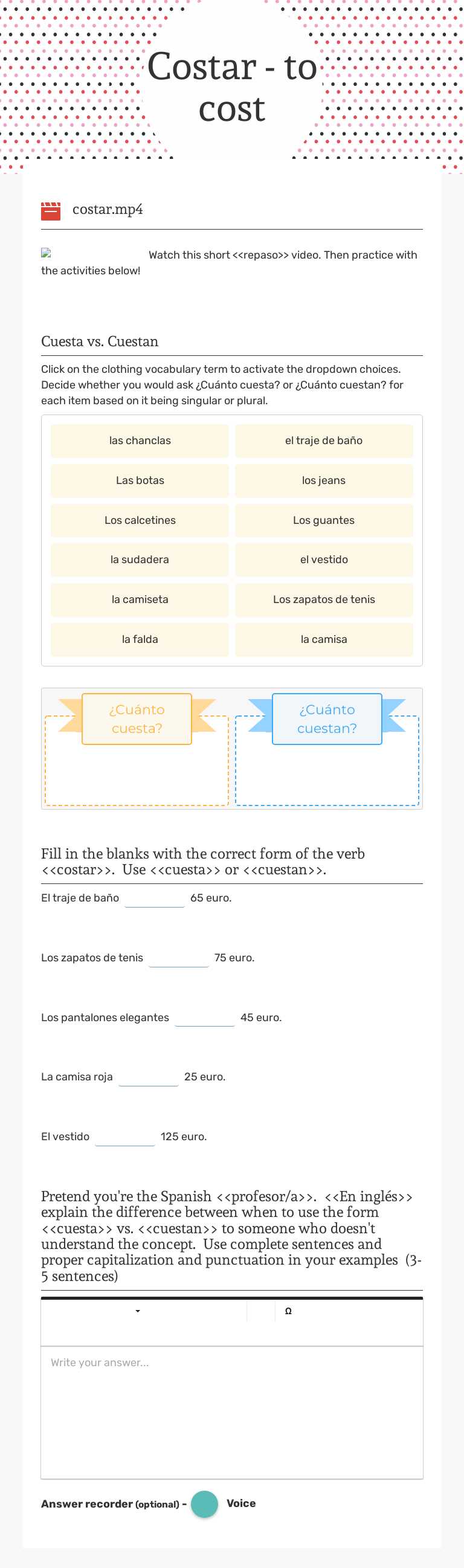 Costar 
- to cost worksheet preview image