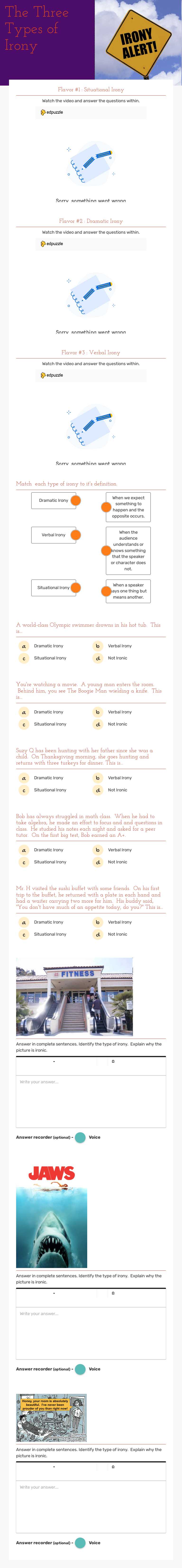 The Three Types of Irony worksheet preview image