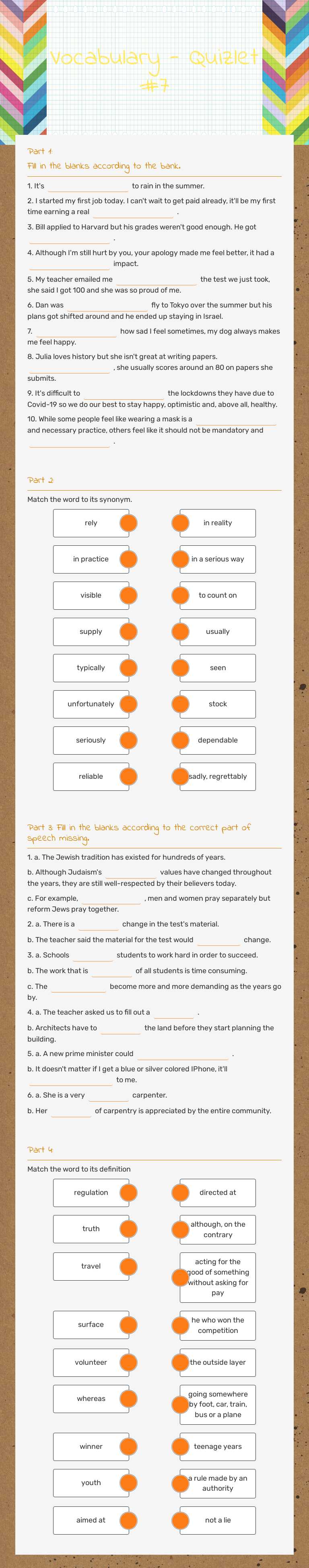 Vocabulary - Quizlet #7 Grade 12 worksheet preview