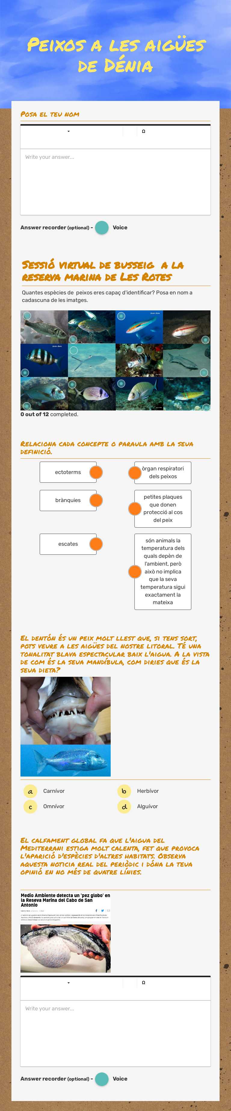 Peixos a les aigües de Dénia Grade 7 worksheet preview