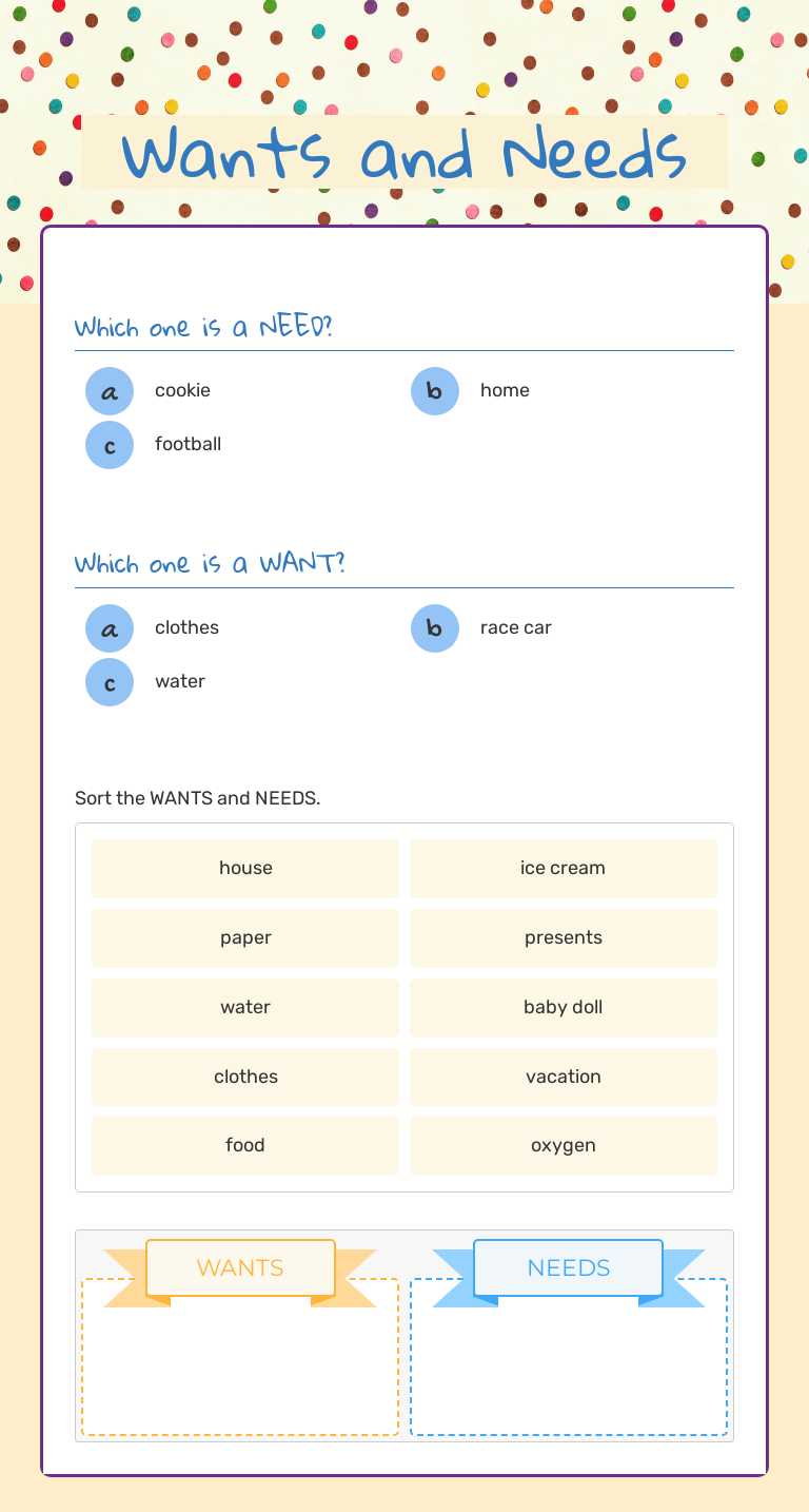 Wants and Needs Grade 1 worksheet preview