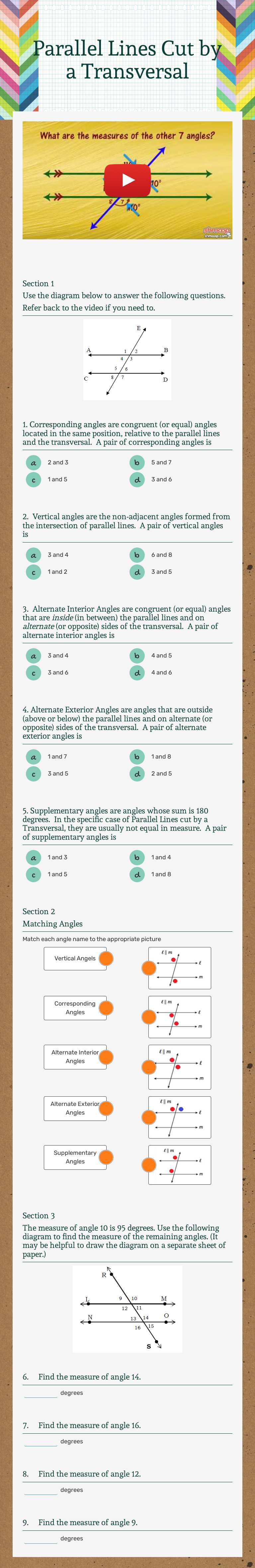 Parallel Lines Cut by a Transversal worksheet preview image