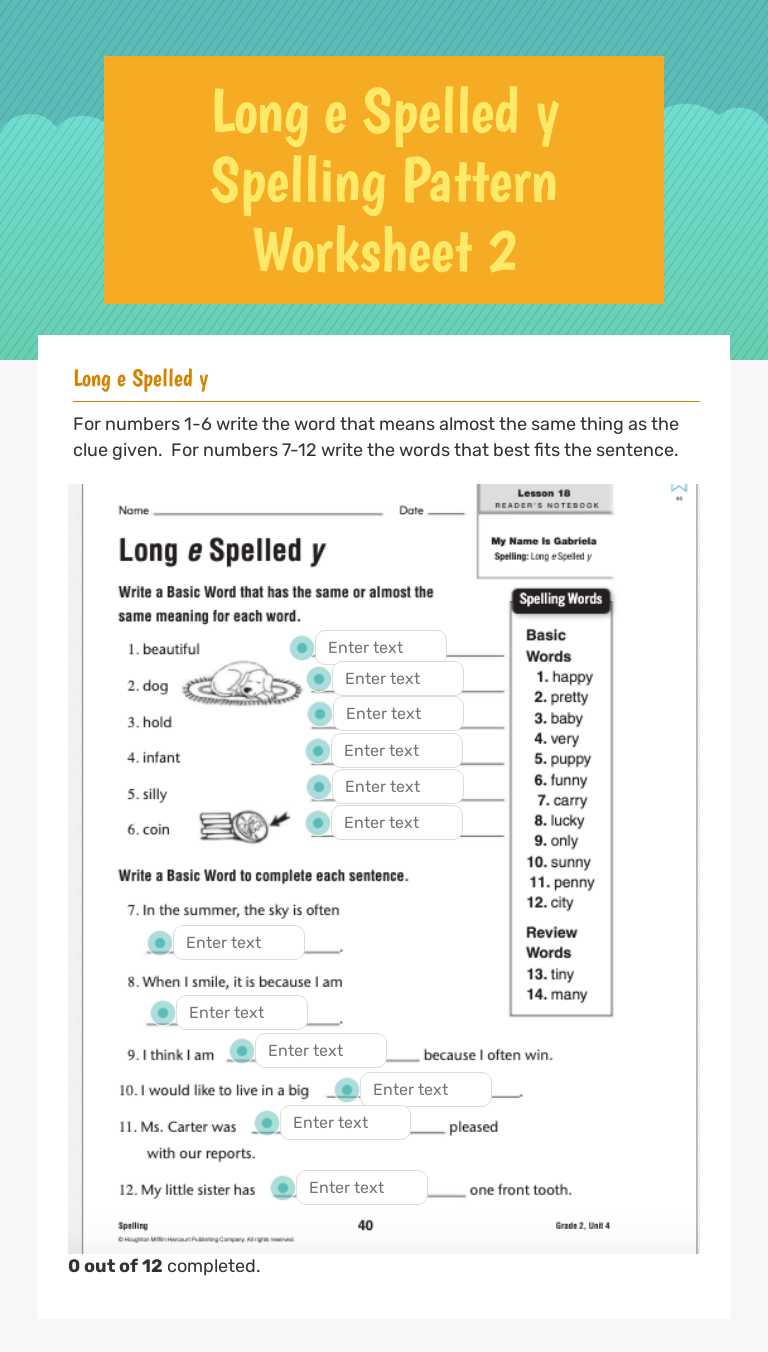 Long e Spelled y Spelling Pattern Worksheet 2 worksheet preview image