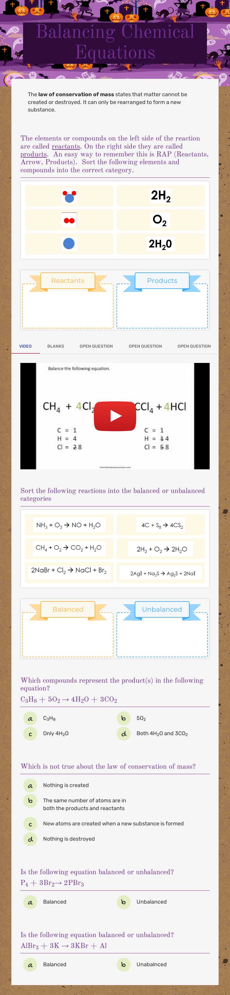 Balancing Chemical Equations Grade 8 worksheet preview