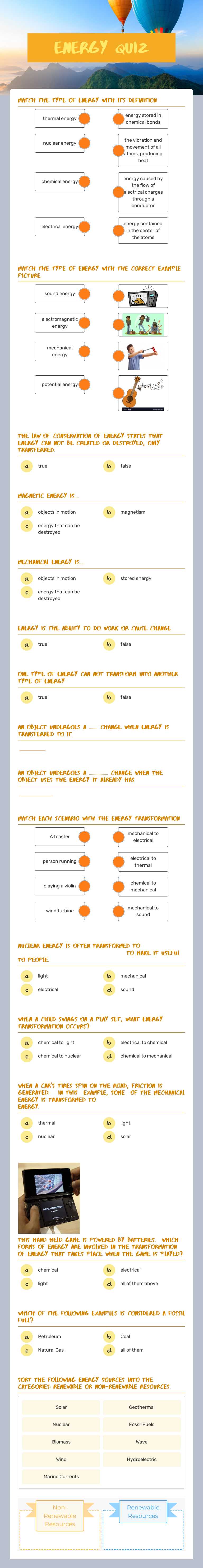 energy quiz worksheet preview image
