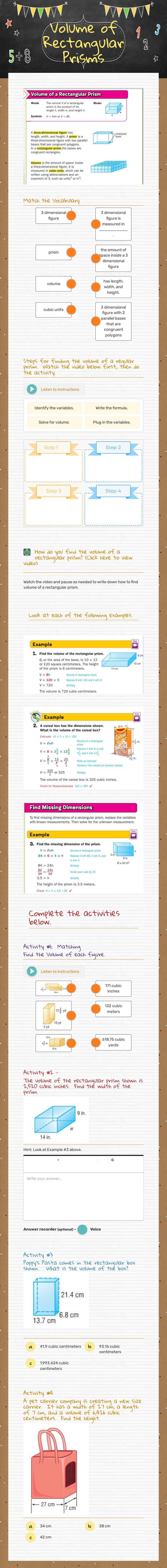 Volume of Rectangular Prisms worksheet preview image