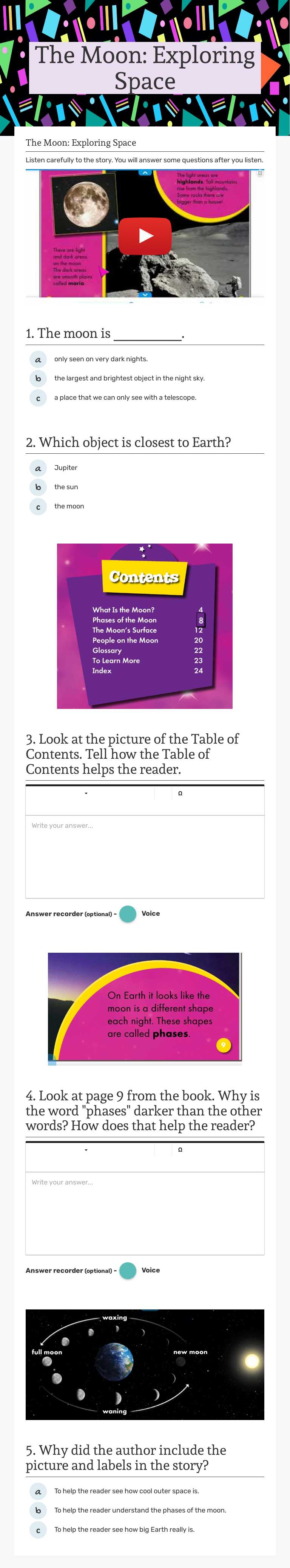 The Moon:      Exploring Space worksheet preview image