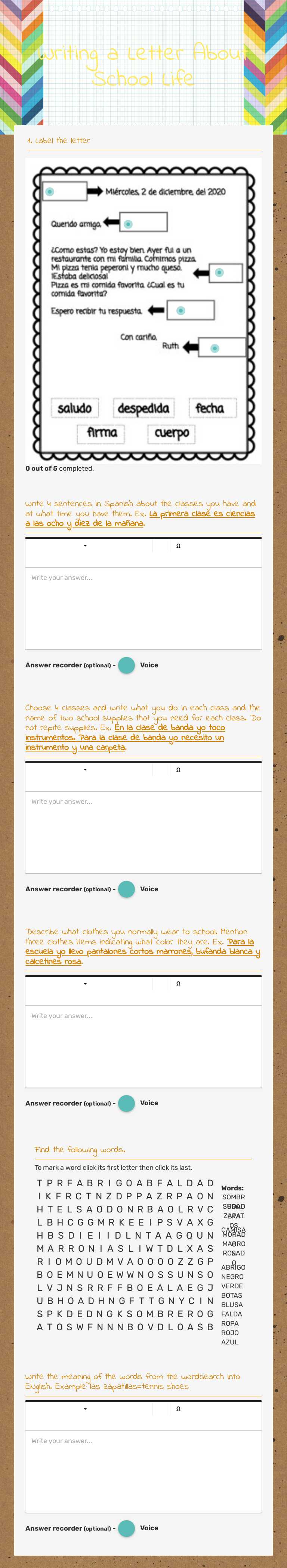 Writing a Letter About School Life worksheet preview image