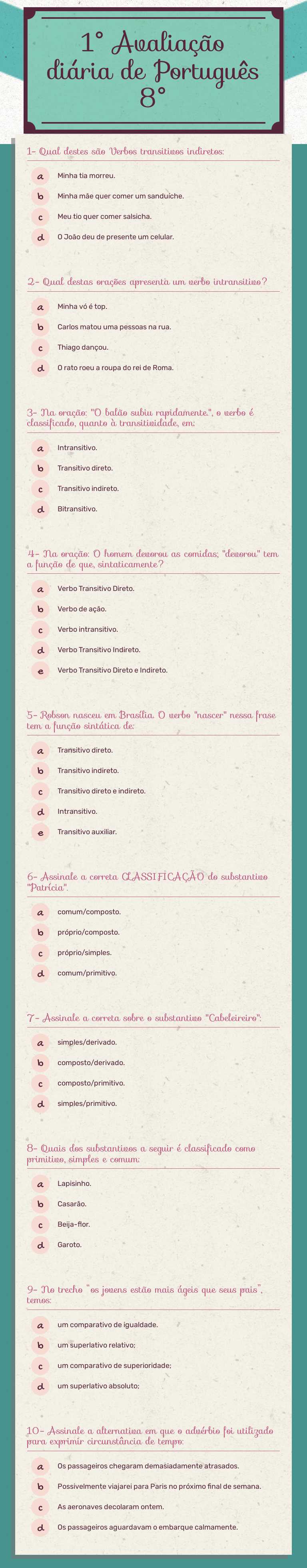 1° Avaliação diária de Português 8° worksheet preview image