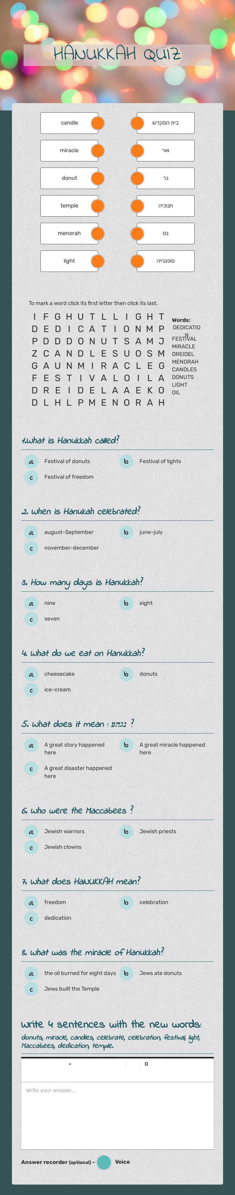HANUKKAH QUIZ worksheet preview image