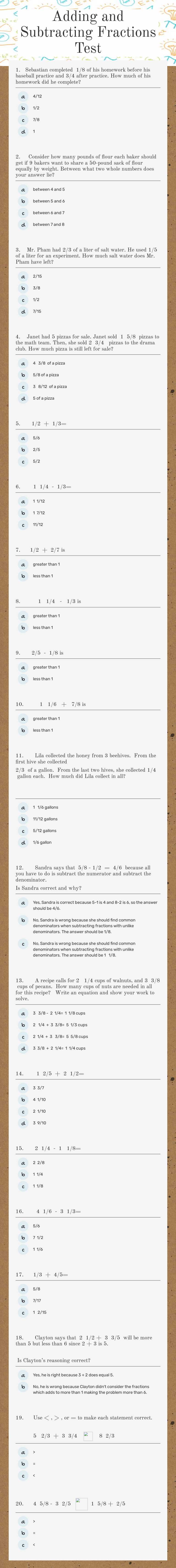 Adding and Subtracting Fractions Test worksheet preview image
