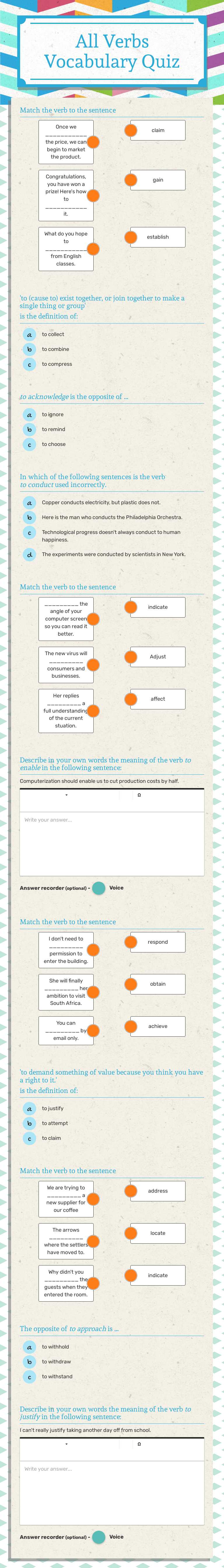 All Verbs Vocabulary
Quiz worksheet preview image