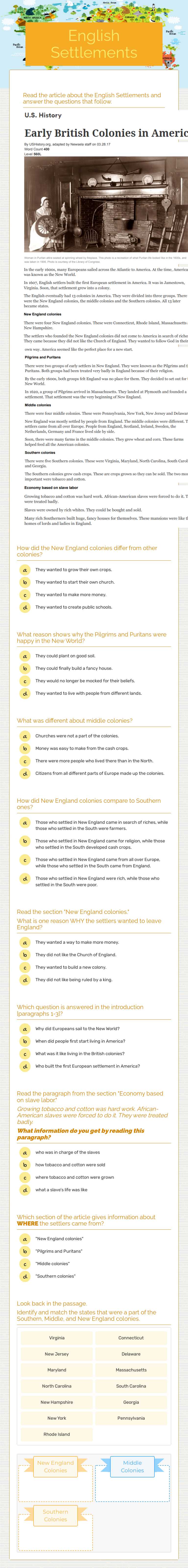 English Settlements worksheet preview image