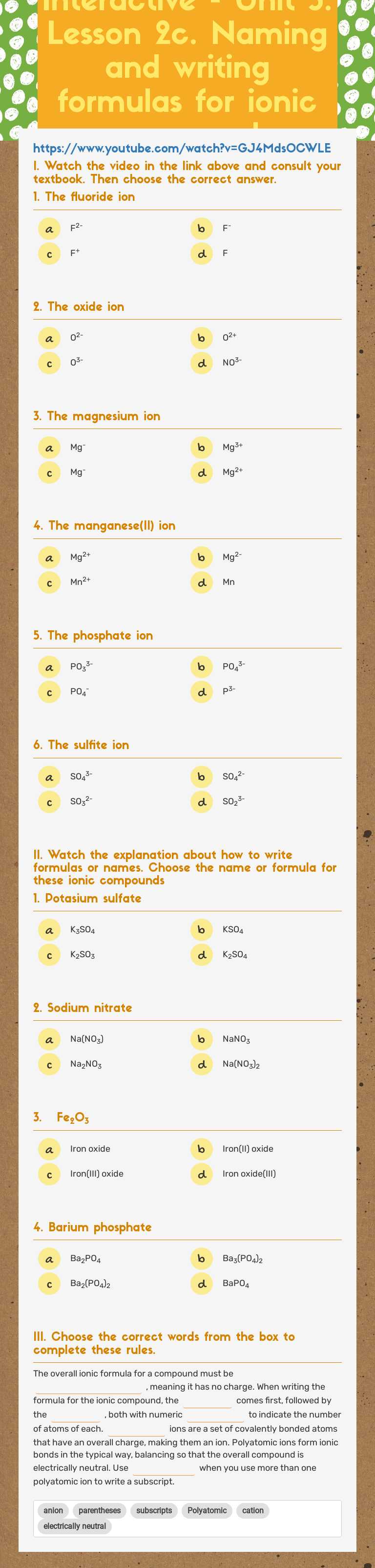 Interactive - Unit 3. Lesson 2c. Naming and writing formulas for ionic compounds worksheet preview image