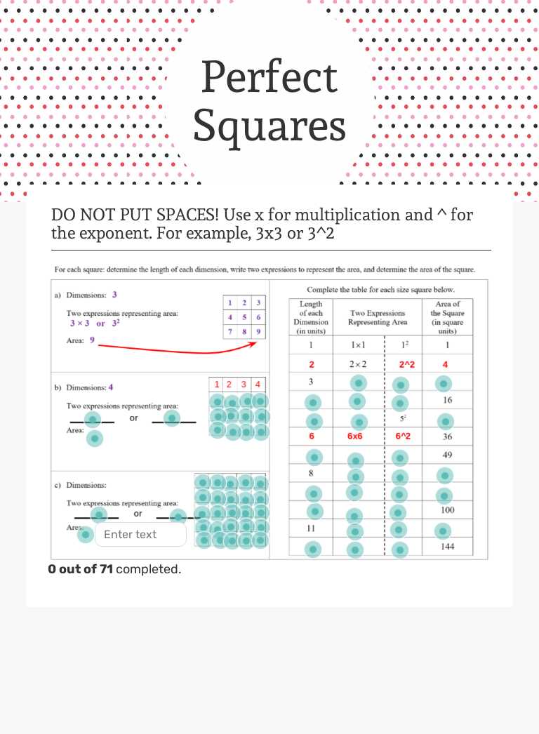 Perfect Squares worksheet preview image
