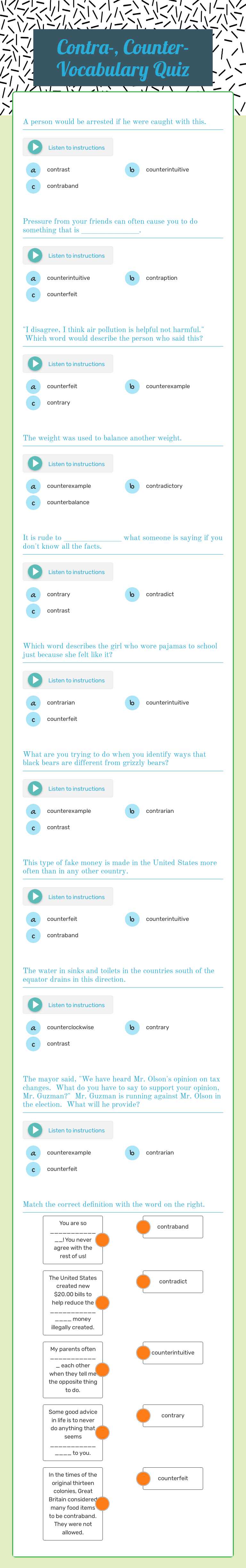 Contra-, Counter- Vocabulary Quiz worksheet preview image