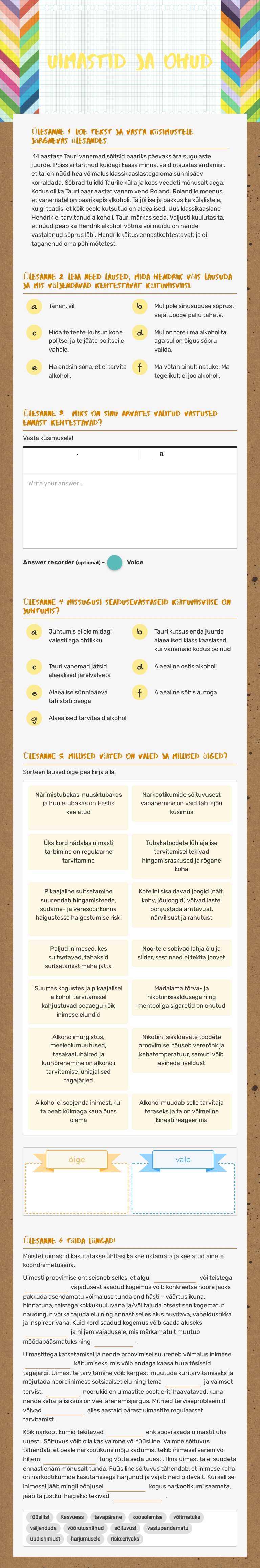 Uimastid ja ohud worksheet preview image