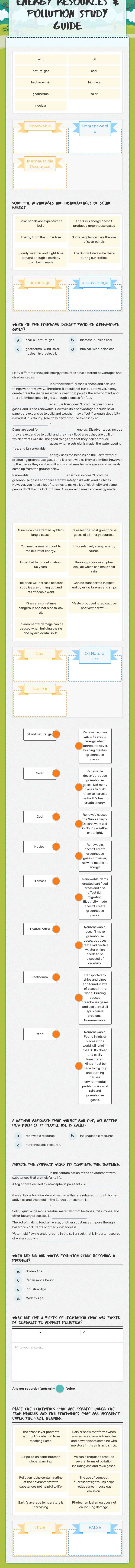 Energy Resources & Pollution Study Guide worksheet preview image
